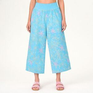 Fresh Produce Beachy Aqua Pink Floral Starburst Culotte Wide Leg Cropped Pants